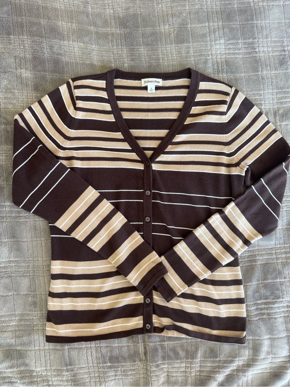 St. John's Bay Brown & Cream Striped V-Neck Cardigan - 100% Cotton